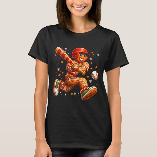Camiseta Funny Christmas Gingerbread Man Playing Baseball C (Frente)