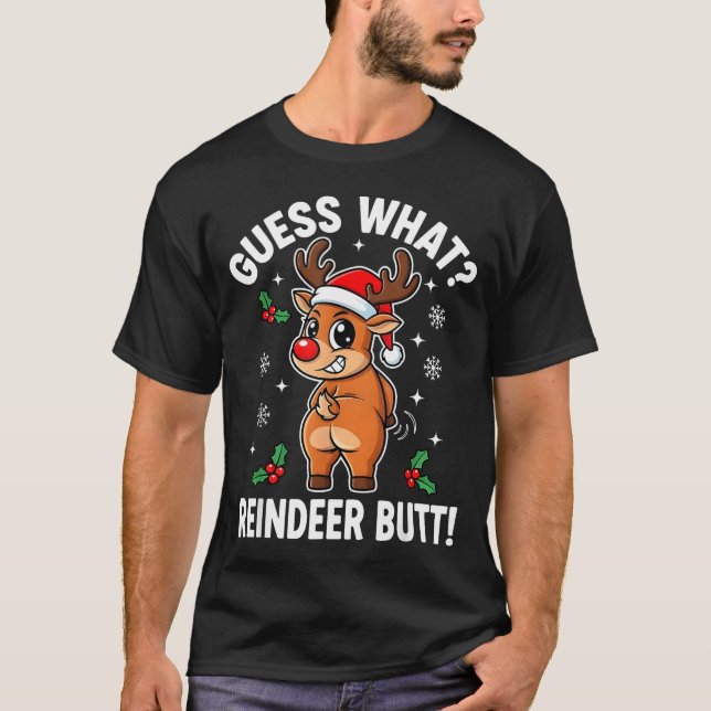 Camiseta Funny Christmas Guess What Reindeer Butt Santa Hat (Frente)