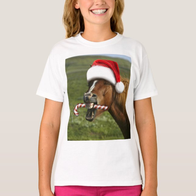 Camiseta Funny Christmas horse with Santa hat smiling (Frente)