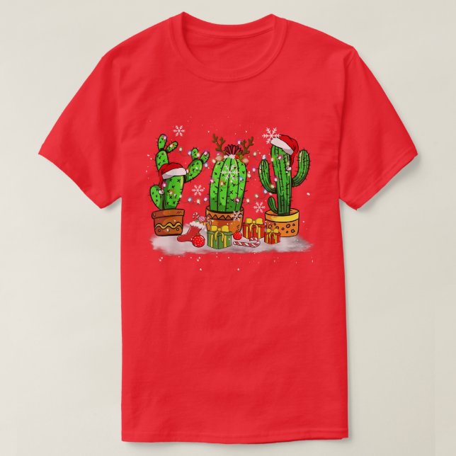Camiseta Funny Christmas Lights Cactus Santa Hat Cactus Lov (Frente do Design)