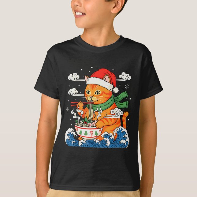 Camiseta Funny Christmas Ramen Cat Eating Noodles Japanese  (Frente)
