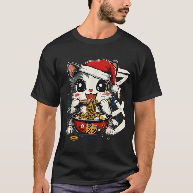 Camiseta Funny Christmas Santa Cat Ramen Japanese Kawaii An (Frente)