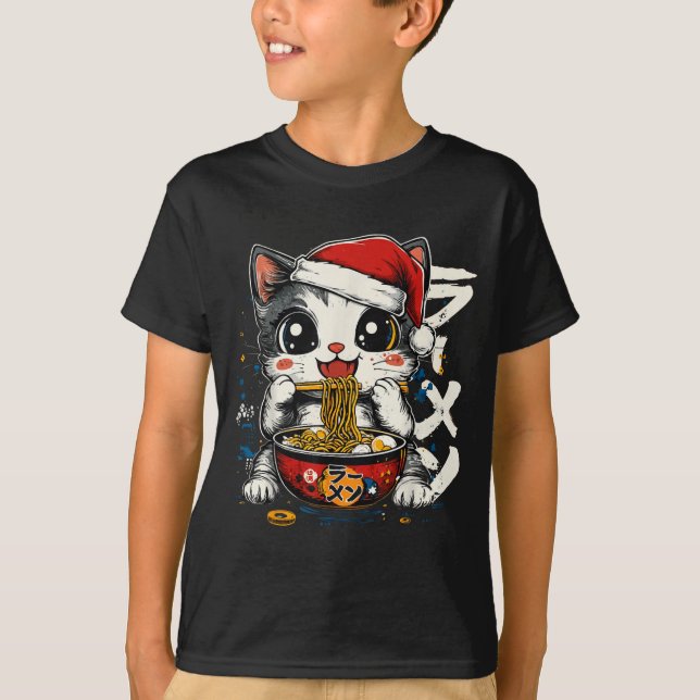 Camiseta Funny Christmas Santa Cat Ramen Japanese Kawaii An (Frente)