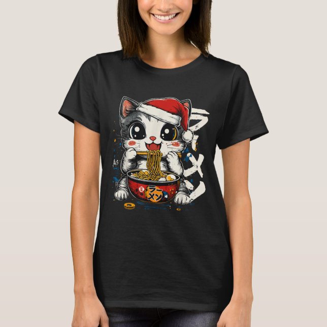 Camiseta Funny Christmas Santa Cat Ramen Japanese Kawaii An (Frente)