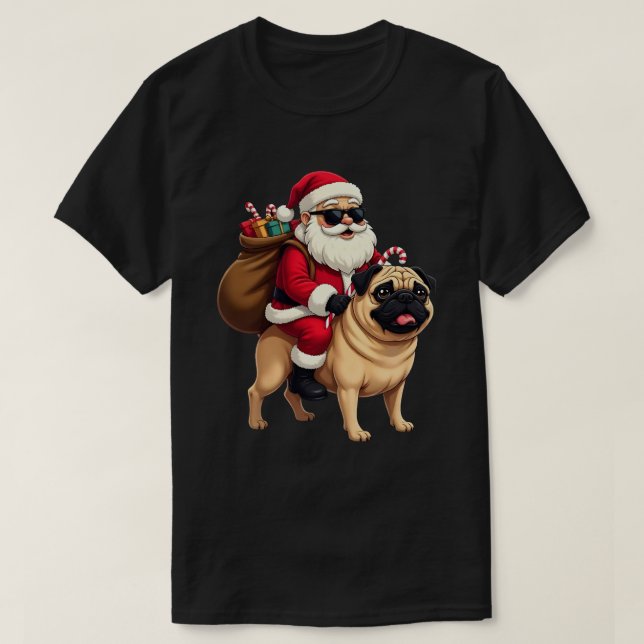 Camiseta Funny Christmas Santa Riding Pug (Frente do Design)