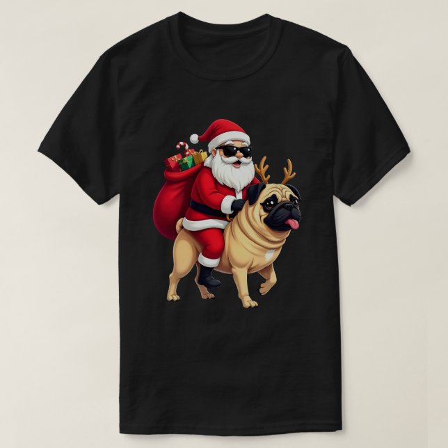Camiseta Funny Christmas Santa Riding Pug (Frente do Design)