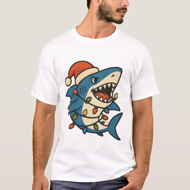 Camiseta Funny Christmas Shark Santa Hat (Frente)