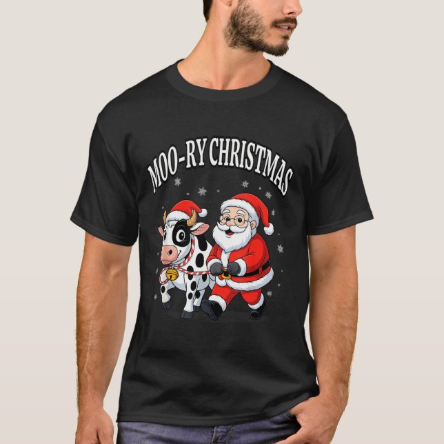 Camiseta Funny Christmas Shirts - Cow Moo-ry Xmas Santa  (Frente)