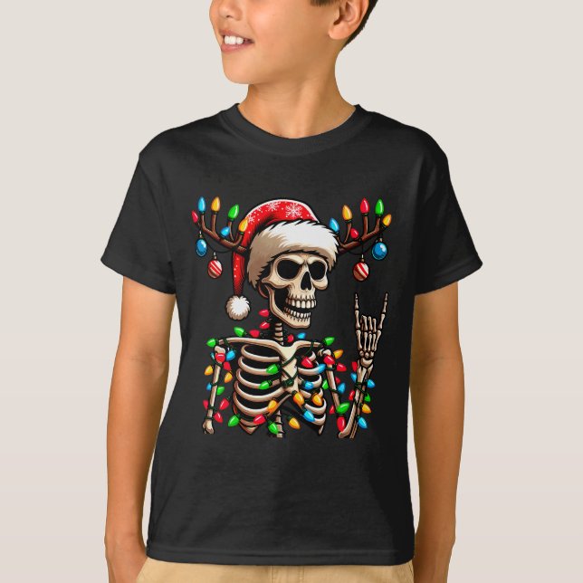 Camiseta Funny Christmas Skeleton Santa Hat Xmas Vibes For  (Frente)