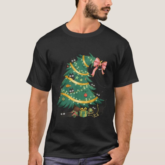 Camiseta Funny Christmas Tree Cute Black Cat Matching Famil (Frente)