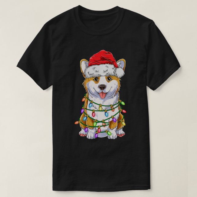 Camiseta Funny Corgi Christmas Tree Lights Gift Santa Hat D (Frente do Design)