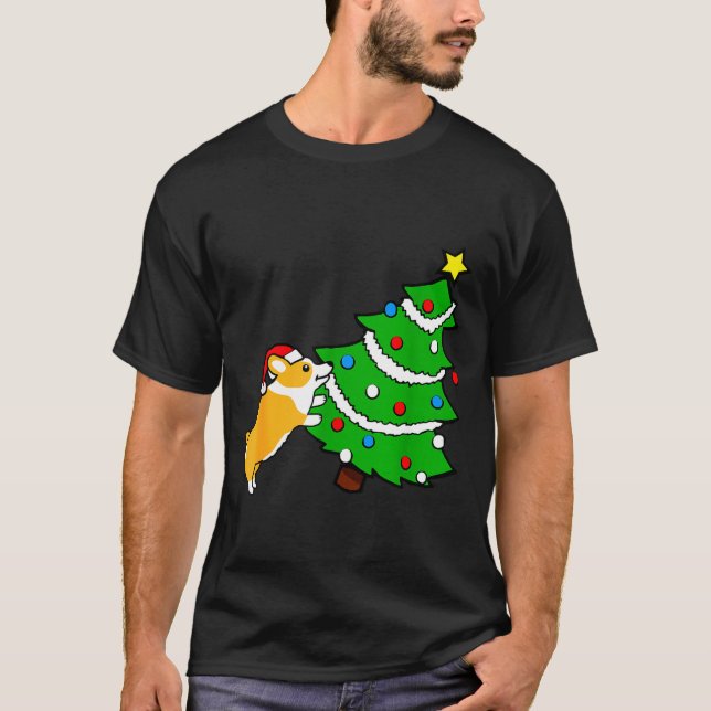 Camiseta Funny Corgi Pushing Christmas Tree Xmas Dog Mom  (Frente)