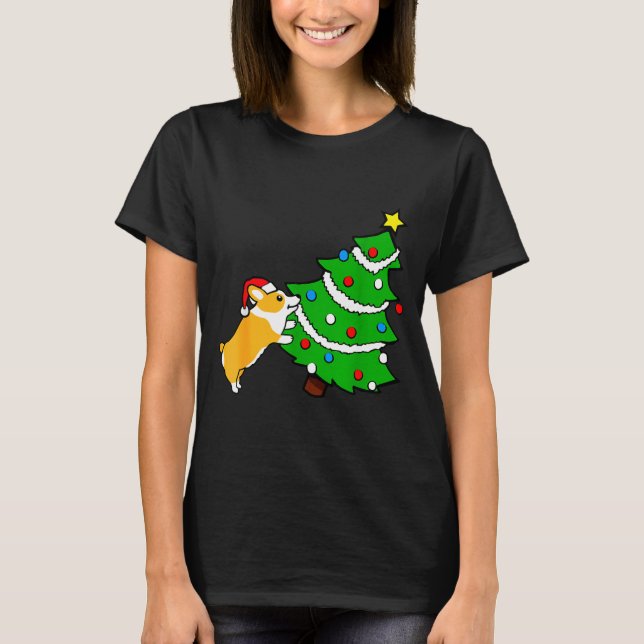 Camiseta Funny Corgi Pushing Christmas Tree Xmas Dog Mom  (Frente)