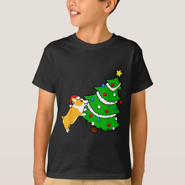 Camiseta Funny Corgi Pushing Christmas Tree Xmas Dog Mom  (Frente)