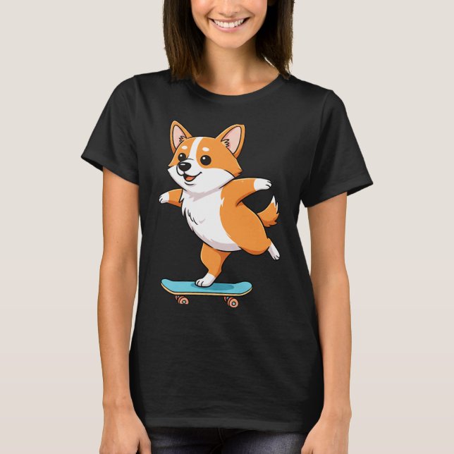 Camiseta Funny Corgi Skater Skateboard Ballerina Mom Dad Ki (Frente)