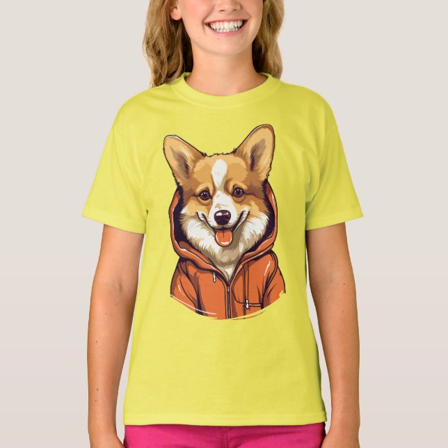 Camiseta Funny Corgi Vestindo Hoodie (Frente)