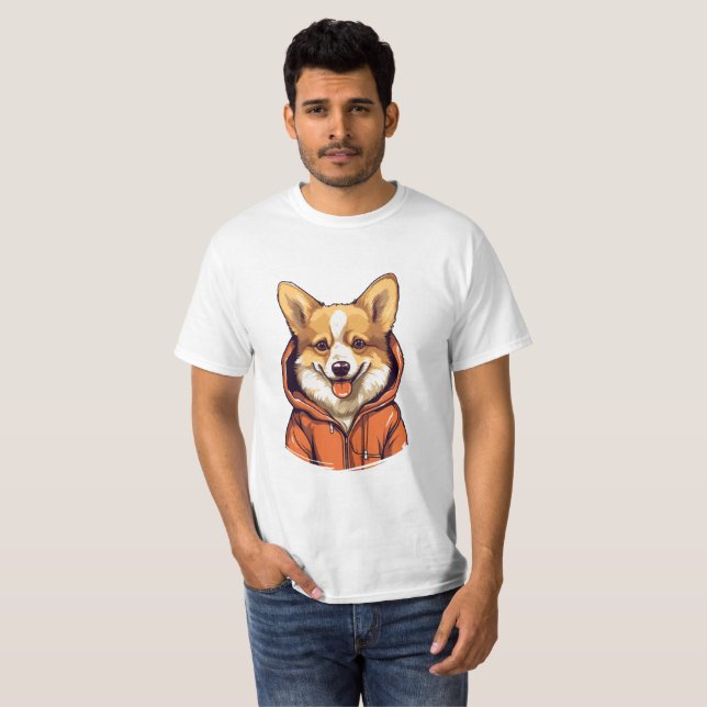 Camiseta Funny Corgi Vestindo Hoodie (Frente Completa)