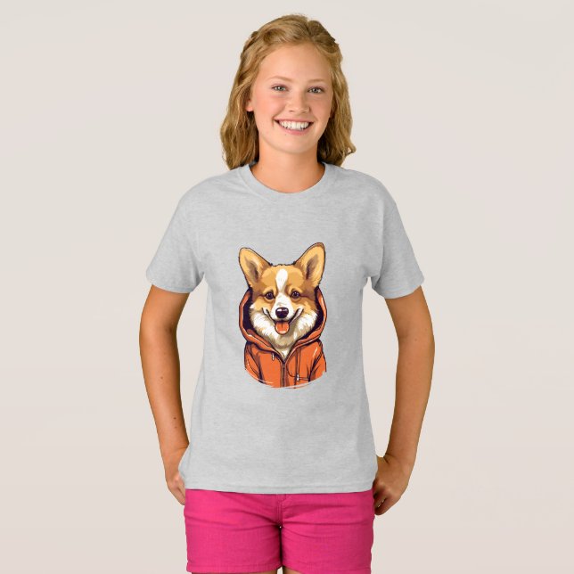 Camiseta Funny Corgi Vestindo Hoodie (Frente Completa)