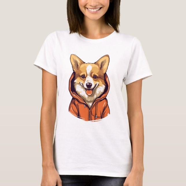 Camiseta Funny Corgi Vestindo Hoodie (Frente)