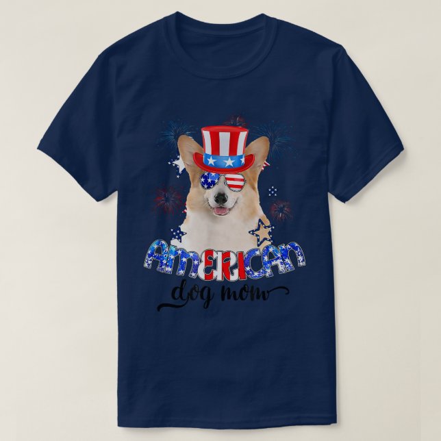 Camiseta Funny Corgi Vestindo Óculos Solares EUA Bandeira 4 (Frente do Design)