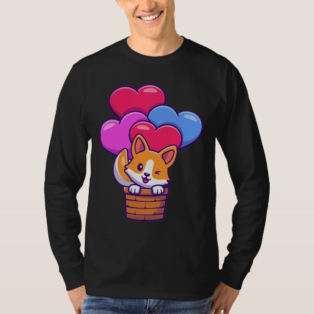 Camiseta Funny Corgi Voando Com Balões (Frente)