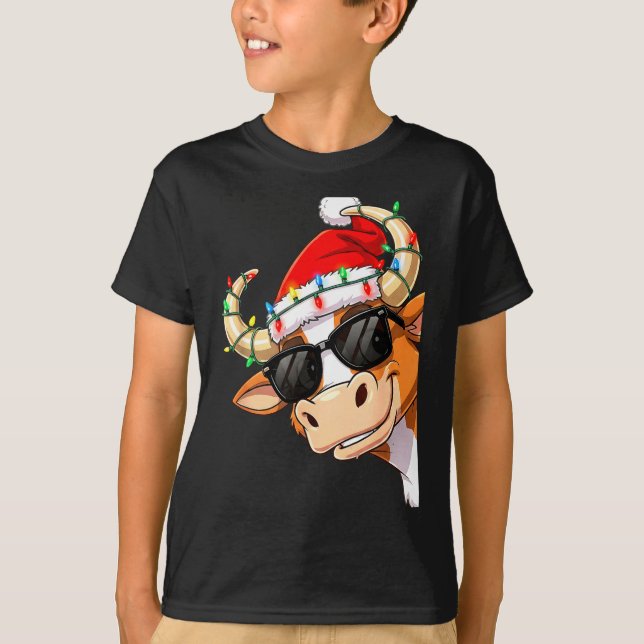 Camiseta Funny Cow Christmas Cool Longhorn Santa Cow Hat Ho (Frente)