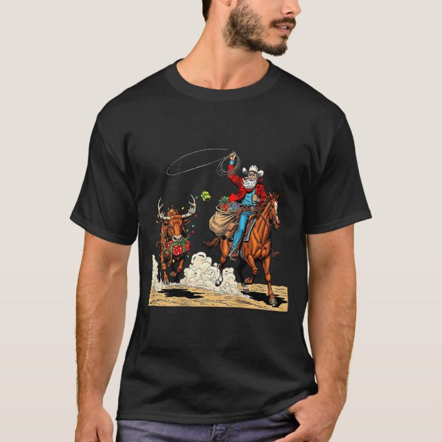 Camiseta Funny Cowboy Santa Christmas Holiday Western Style (Frente)