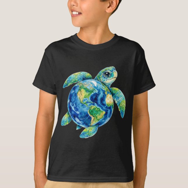 Camiseta Funny Cute Sea Turtle Holding Earth Ocean Wildlife (Frente)