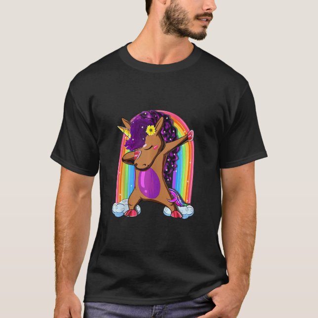 Camiseta Funny Dabbing Afro Unicorn Cute Rainbow Adorable (Frente)