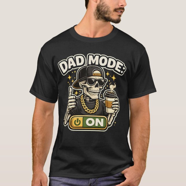 Camiseta Funny Dad Mode: ON Skeleton with Coffee Graphic -  (Frente)