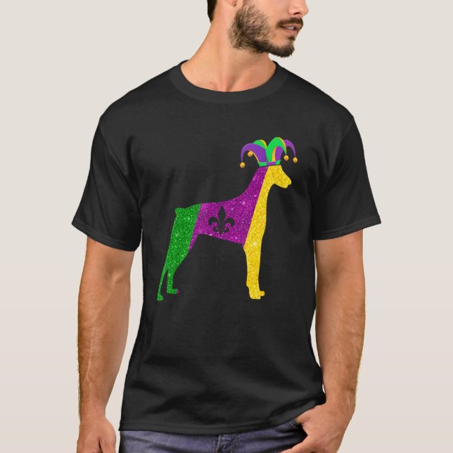Camiseta Funny Doberman Dog Mardi Gras Party Mask Miçanga C (Frente)