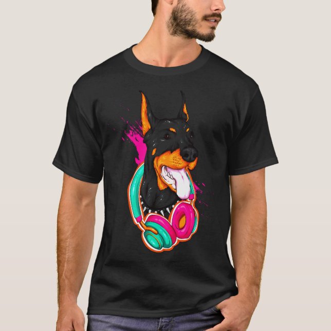Camiseta Funny Doberman Dog With Headphone No (Frente)