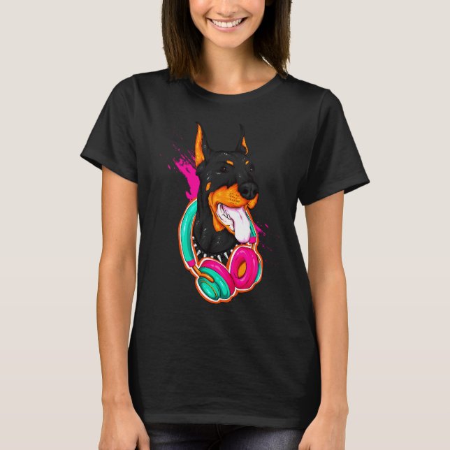 Camiseta Funny Doberman Dog With Headphone No (Frente)