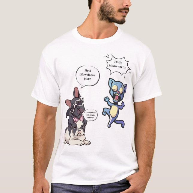 Camiseta Funny Dog and Cat Cartoon – Cute French Bulldogs (Frente)