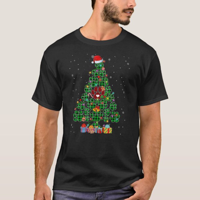 Camiseta Funny Dog Cat Paws Print Christmas Tree Lights Xma (Frente)