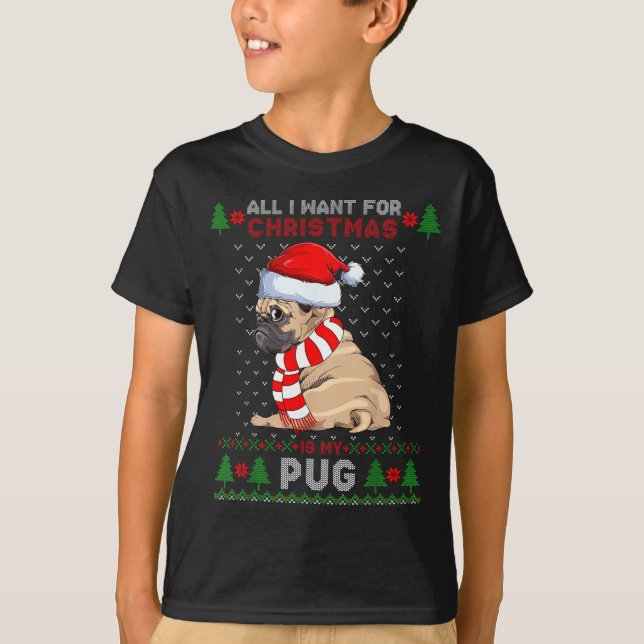 Camiseta Funny Dog Lovers Cute Pug Santa Hat Ugly Christmas (Frente)