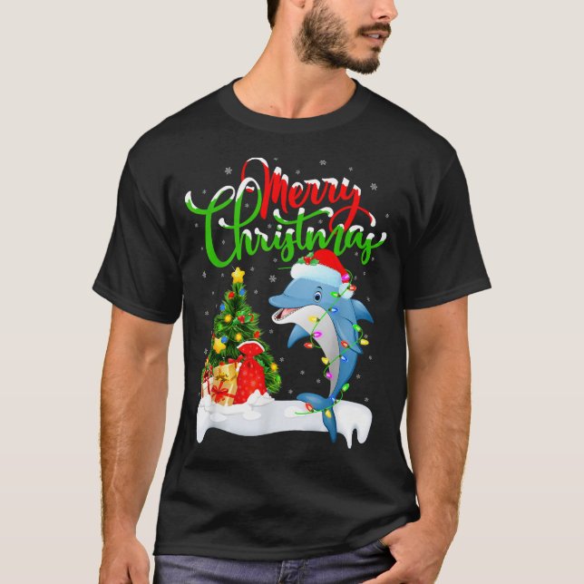 Camiseta Funny Dolphin Fish Lover Xmas Lighting Dolphin Chr (Frente)