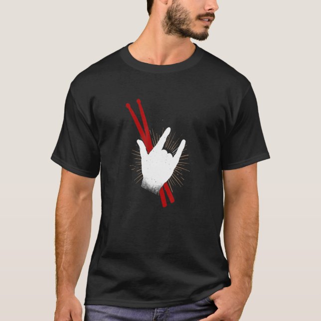 Camiseta Funny Drummer Drum Sticks Rock & Roll Hand Horns G (Frente)