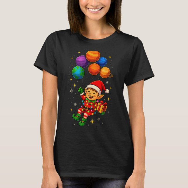 Camiseta Funny Elf Astronaut With Planets Christmas Pjs For (Frente)