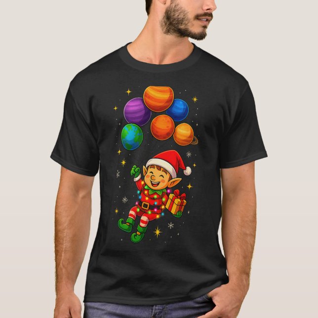 Camiseta Funny Elf Astronaut With Planets Christmas Pjs For (Frente)