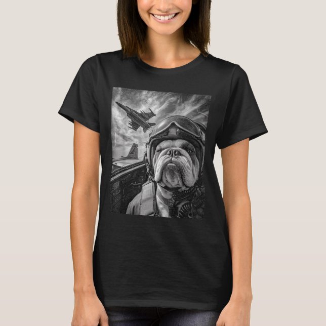 Camiseta Funny English Bulldog Selfie Fighter Jet Lot Aviat (Frente)