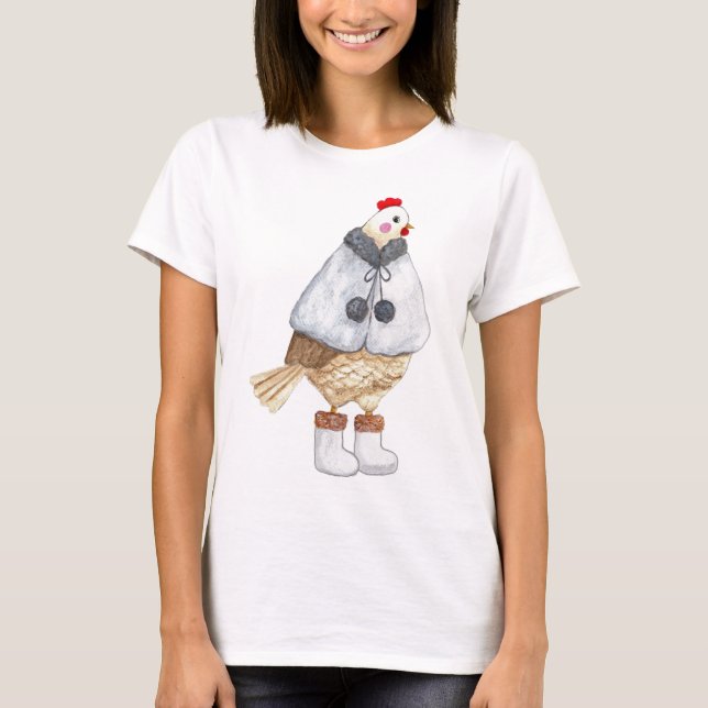 Camiseta Funny Fashionable Chicken in Winter Cape and boots (Frente)