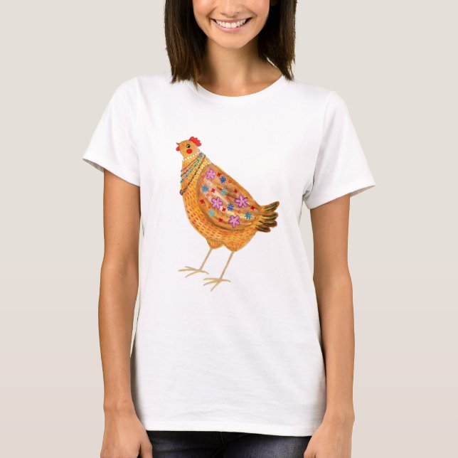 Camiseta Funny Fashionable Floral Chicken with Jewelry (Frente)