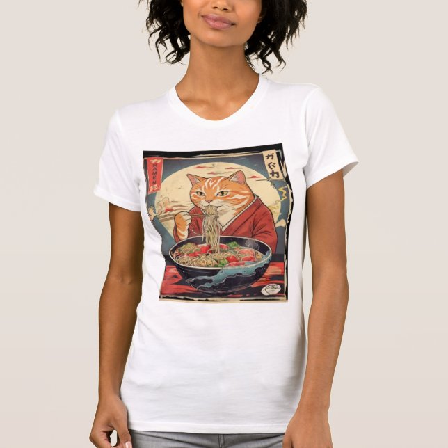 Camiseta  Funny Feline Eating  Ramen Japanese Ukiyo-e Style (Frente)