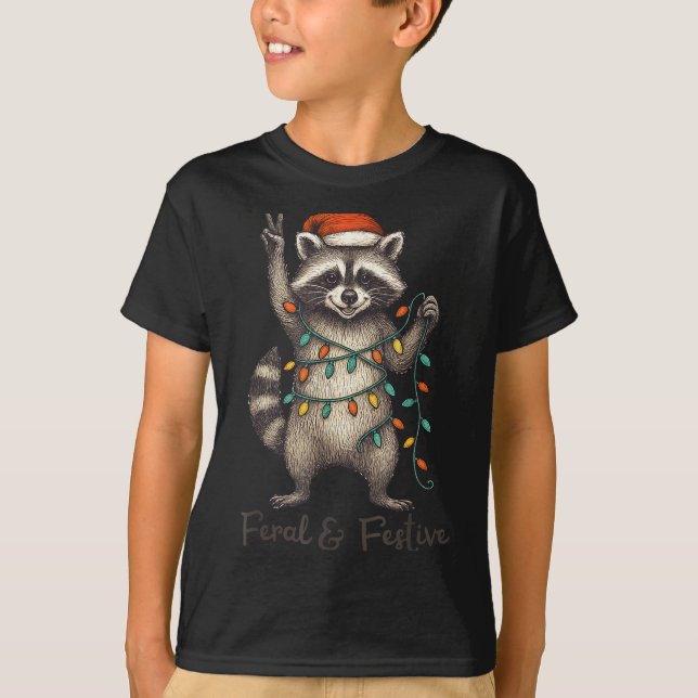 Camiseta Funny Feral And Festive Raccoon Santa Hat Retro Ch (Frente)