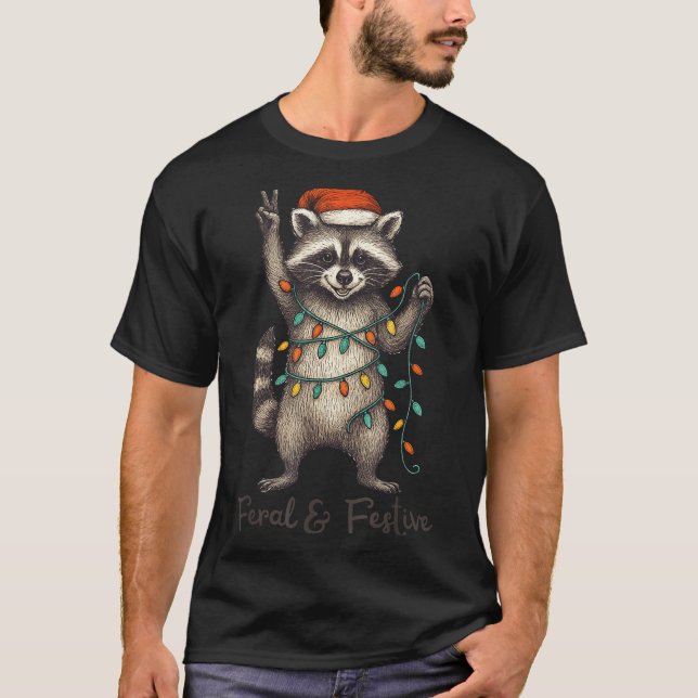 Camiseta Funny Feral And Festive Raccoon Santa Hat Retro Ch (Frente)