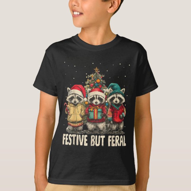 Camiseta Funny Feral But Festive Christmas Raccoons Xmas Ho (Frente)