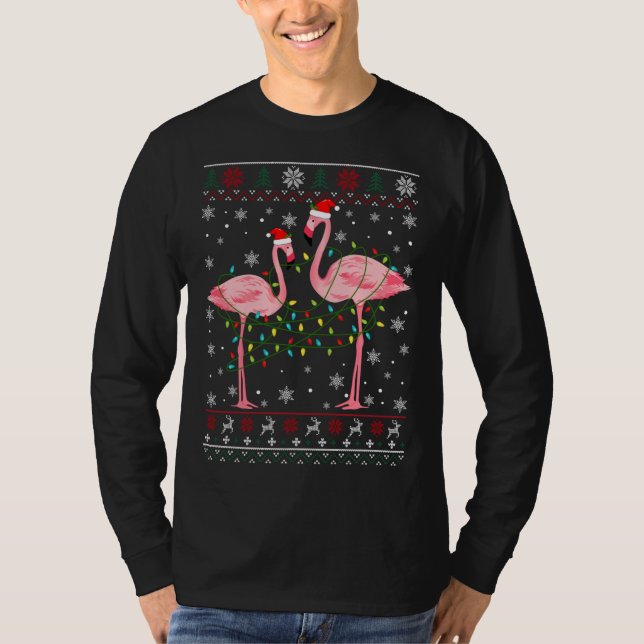Camiseta Funny Flamingo Lights Tangida Feia Fora De Natal (Frente)