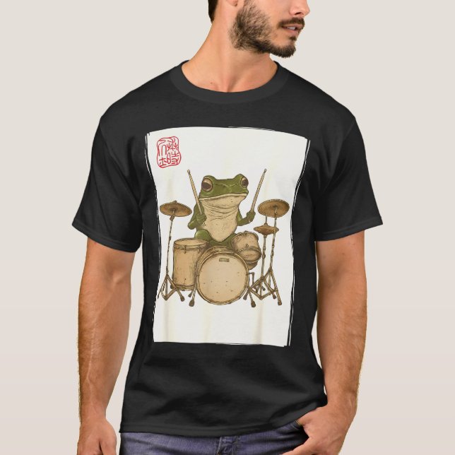 Camiseta Funny Frog Drum Rock Music Kawaii Japanese  (Frente)