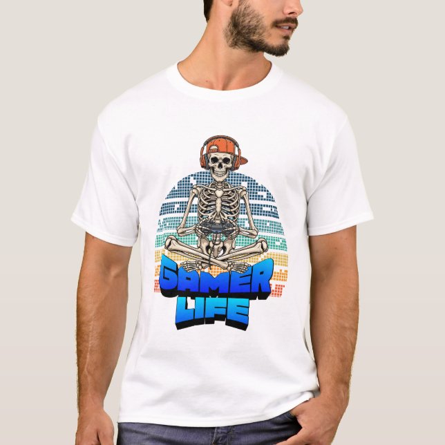 Camiseta Funny Funky Skull Gaming Gamer Life Tee Design (Frente)
